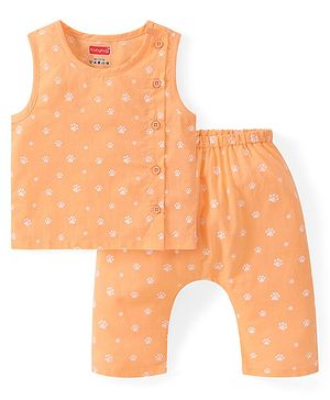 Babyhug Cambric Woven Sleeveless Side Open Innerwear Set With Paw Print - Orange