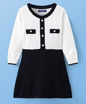 Pine Kids Knit Full Sleeves Woolen Dress with Colour Block Design - White & Black