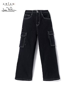 Arias Cotton Woven Stretch Full Length Flared Jeans With Cargo Pockets Solid Colour - Black