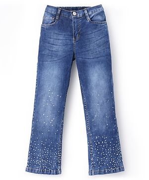 Arias Cotton Stretch Full Length Flared Jeans With Rhinestones Embellishment Medium Wash - Blue