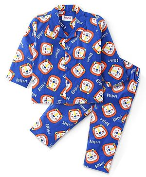 Babyhug Cotton Woven Full Sleeves Front Open Night Suit with Lion Print - Blue