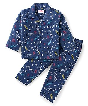 Babyhug Cotton Knit Full Sleeves Text & Skateboard Printed Night Suit - Navy Blue
