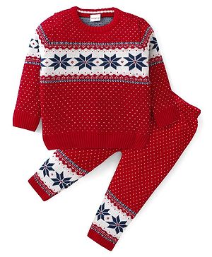 Babyhug Knit Full Sleeves Sweater Set with Aztec Design - Red