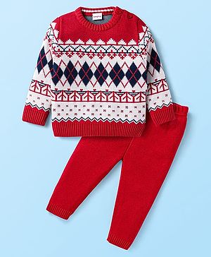 Babyhug Knitted Full Sleeves Pullover Sweater Set With Chevron Design - Red