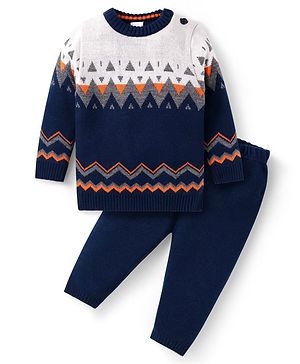 Babyhug Knit Full Sleeves Designed Sweater Set - Navy Blue