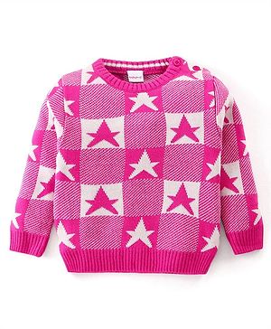 Babyhug Knitted Full Sleeves Pullover Sweater with Checkered & Star Design - Pink