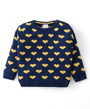 Babyhug Knit Full Sleeves Pullover Sweater with Hearts Design - Navy Blue