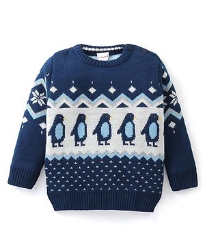 Babyhug Knit Full Sleeves Pullover Sweater with Penguin Design - Navy Blue