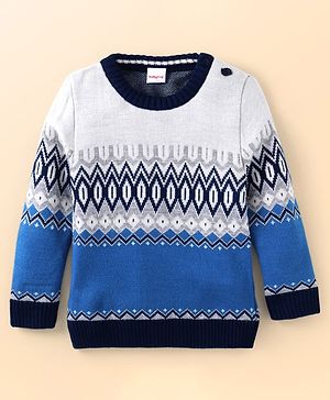 Babyhug Knitted Full Sleeves Pullover Sweater With Chevron Design - White & Blue