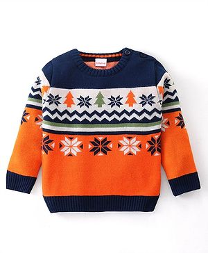 Babyhug Knitted Full Sleeves Intarsia Designed Pullover Sweater - Orange & Navy Blue