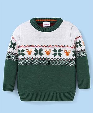 Babyhug Knitted Full Sleeves Pullover Sweater With Intarsia Design - White & Green