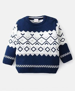 Babyhug Knit Full Sleeves Pullover Sweater with Aztec Design - Navy Blue