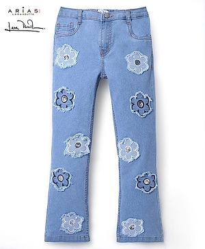 Arias Denim Woven Full Length Stretchable Medium Wash Jeans With Floral Applique - Light Blue