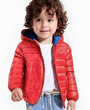 Babyhug Woven Full Sleeves Solid Colour Hooded Padded Jacket - Red