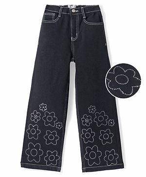 Arias Cotton Denim  Stretch Flared Jeans With Rhinestones - Black