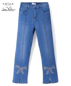 Arias Denim Woven Stretch Full Length Jeans With Front Slit and Rhinestone Bow Detailing - Medium Wash Blue