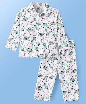 Doodle Poodle 100% Cotton Knit Full Sleeves Front Open Night Suit With Space Rockets Print - White