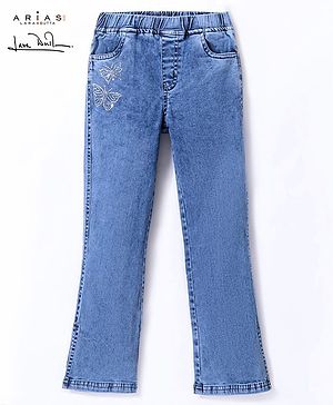 Arias Cotton Stretch Flared  Side Slit Denim Jeggings With Embellished Rhinestone - Blue