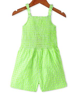 Babyhug Cotton Woven Singlet Sleeves Jumpsuit With Smocking Detailing & Bow Applique - Green