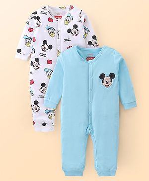 Babyhug Disney Interlock Front Open Full Sleeves Sleep Suits With Mickey Mouse Graphics Pack Of 2- White & Blue