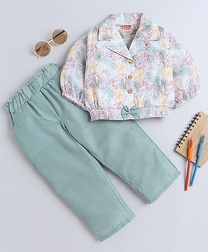 Twetoons Full Sleeves Floral Printed Top & Lounge Pants Set - Sea Green