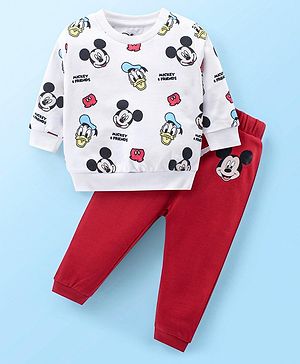 Babyhug Disney Cotton Knit Full Sleeves T-Shirt & Jogger Set with Mickey Mouse Graphics - Red & White