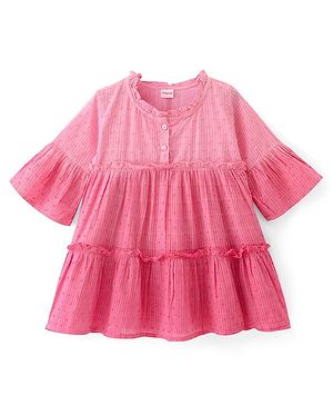 Babyhug Rayon Woven Full Sleeves Swiss Dot Tiered Frock With Ombre Detailing - Pink