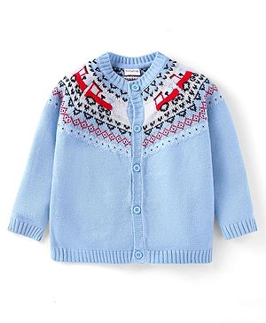 Babyhug Knitted Full Raglan Sleeves Front Open Sweater with Car Design - Light Blue
