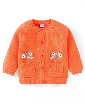 Babyhug Knitted Full Raglan Sleeves Front Open Sweater with Floral Embroidery - Orange