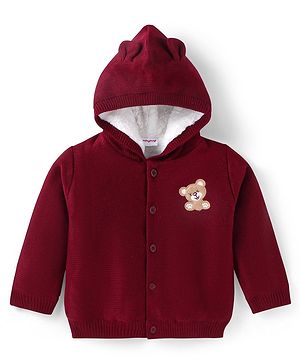 Babyhug Knitted Full Sleeves Front Open Hooded Sweater With Bear Embroidery - Dark Red