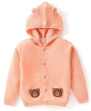 Babyhug Knitted Full Sleeves Front Open Hooded Sweater with Bear Embroidery - Light Peach