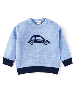 Babyhug Knitted Full Sleeves Pullover Sweater With Car Design - Light Blue