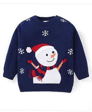 Babyhug Knitted Full Sleeves Pullover Sweater with Snowman Design - Navy Blue