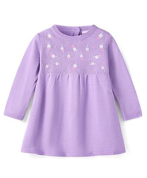 Babyhug Knitted Full Sleeves Pullover Woollen Dress With Floral Embroidery - Lilac