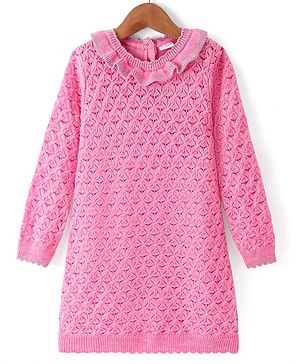 Babyhug Knitted Full Sleeves   Solid Color Woollen Dress with Frill Detailing - Pink