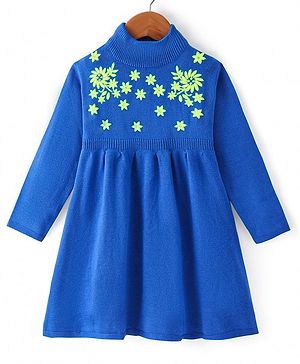 Babyhug Knitted Full Sleeves Floral Embroidery Solid Color Woollen Dress -  Blue