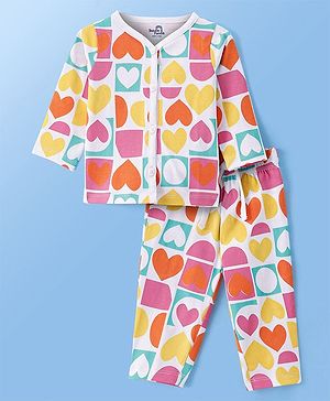 Doodle Poodle 100% Cotton Knit Full Sleeves Night Suit With Hearts Print - Off White