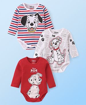 Babyhug Disney Interlock Knit Full Sleeves Onesies with Striped & 101 Dalmatians Print Pack of 3 - Red & White