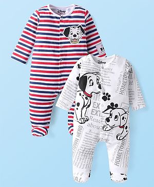 Babyhug Disney Interlock Knit Full Sleeves Footed Sleep Suits Striped & 101 Dalmatians Print Pack of 2 - White & Red