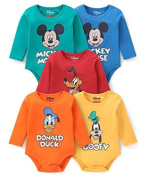 Babyhug Disney Interlock Knit Full Sleeves Onesies with Mickey Mouse & Friends Pack of 5 - Blue Yellow & Red