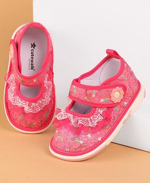 Cute Walk by Babyhug  Musical Casual Shoes Rainbow & Stars Print With Lace Detailing - Fuchsia