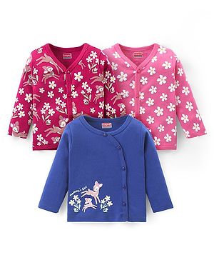 Babyhug 100% Cotton Knit Full Sleeves Front Open Vests With Floral Print Pack of 3 - Multicolor