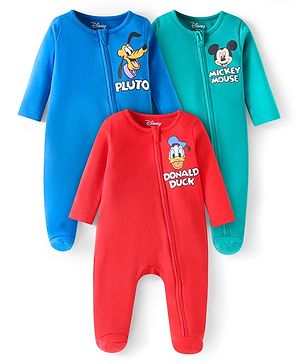 Babyhug Disney Interlock Knit Full Sleeves Footed Sleep Suits with Mickey Mouse Print Pack of 3 - Red Blue & Green