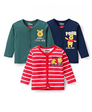 Babyhug Disney Cotton Knit Full Sleeves Front Open Jhablas With Stripes & Winnie The Pooh Graphics Pack of 3 - Red Green & Blue