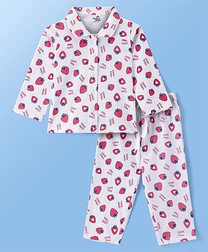 Doodle Poodle 100% Cotton Knit Full Sleeves Night Suit With Strawberries Print - White & Pink