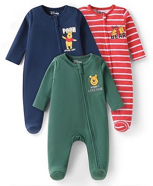 Babyhug Disney Interlock Knit Full Sleeves Sleepsuits With Winnie the Pooh Graphics Pack of 3 - Blue Green & Red