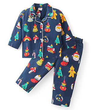 Babyhug Cotton Woven Full Sleeves Front Open Night Suit With Christmas Theme Print - Navy
