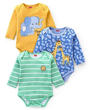 Babyhug 100% Cotton Full Sleeves Onesies Animal Print Pack of 3 - Multicolour