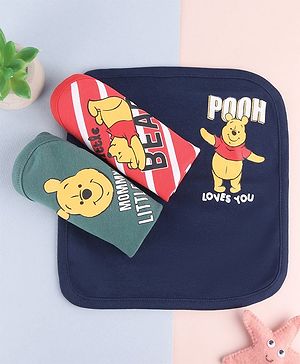 Babyhug Disney Interlock Knit Hands and Face Towel With Winnie the Pooh Graphic Pack of 3 L 28 x B x 28 cm - Green Blue & Red