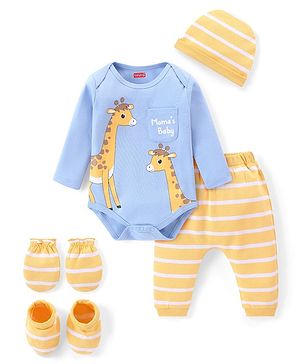 Babyhug 100% Cotton Knit Full Sleeves Onesies with Leggings and Cap Mittens Booties With Giraffe Print - Multicolor